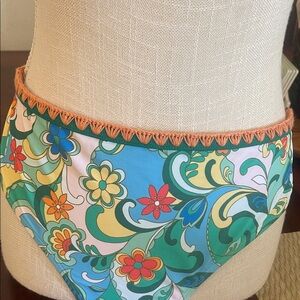 Floral Paisley Multicolor Bikini Bottoms with Peach Trim